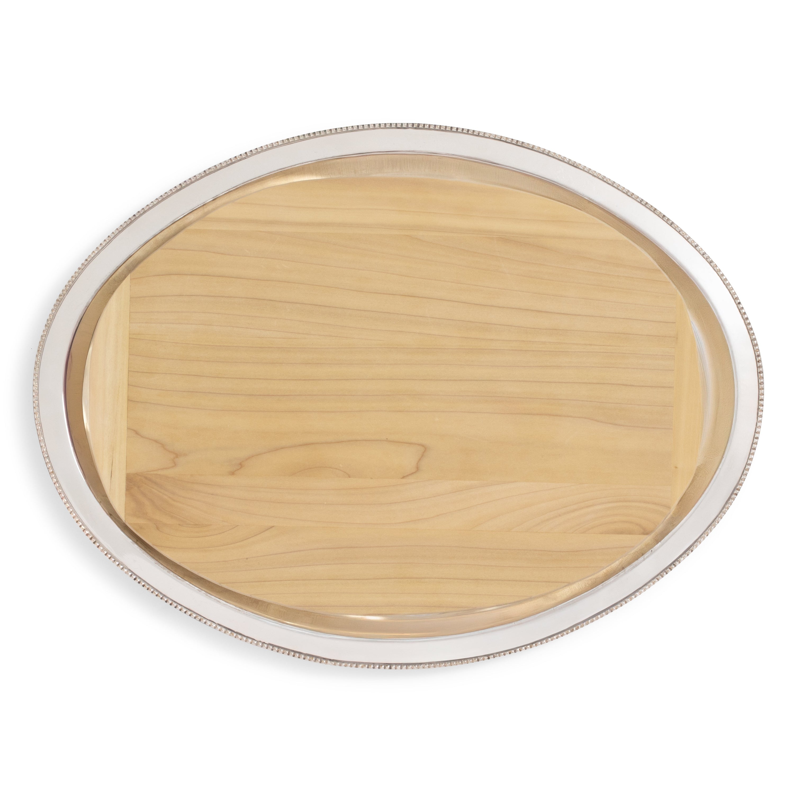 Silver Beaded Oval Tray w/ Wood Insert 23"L x 17"W