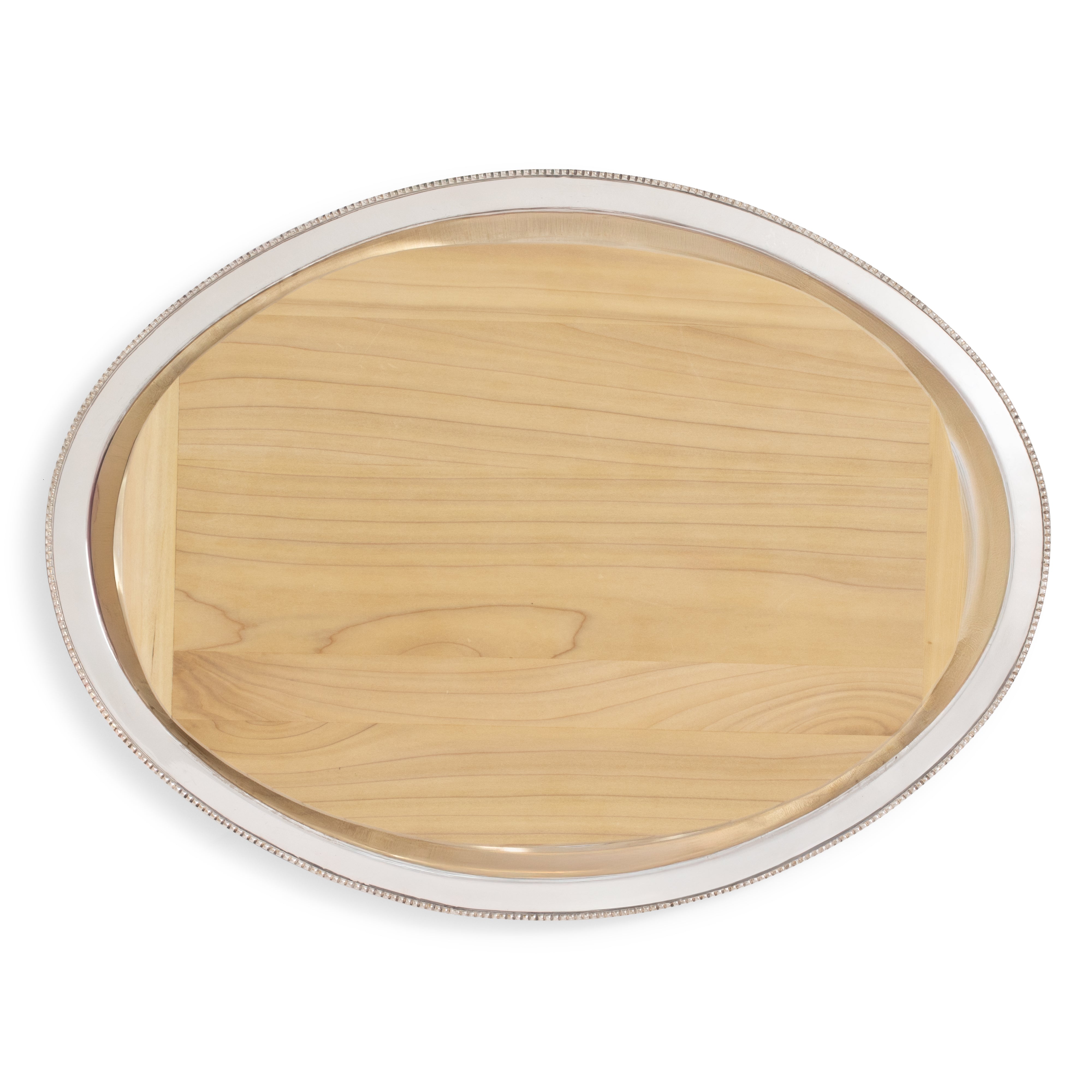 Silver Beaded Oval Tray w/ Wood Insert 23"L x 17"W
