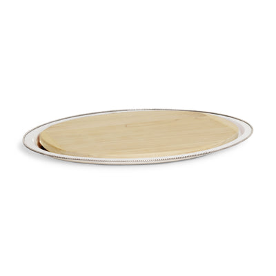 Silver Beaded Oval Tray w/ Wood Insert 23"L x 17"W