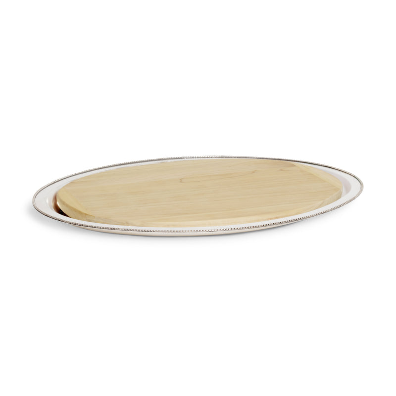 Silver Beaded Oval Tray w/ Wood Insert 23"L x 17"W